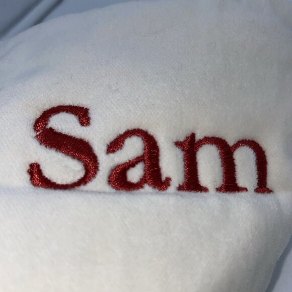 Pottery Barn Sam Velvet Stocking Christmas Monogram Holiday Xmas Red Cream - Picture 10 of 11